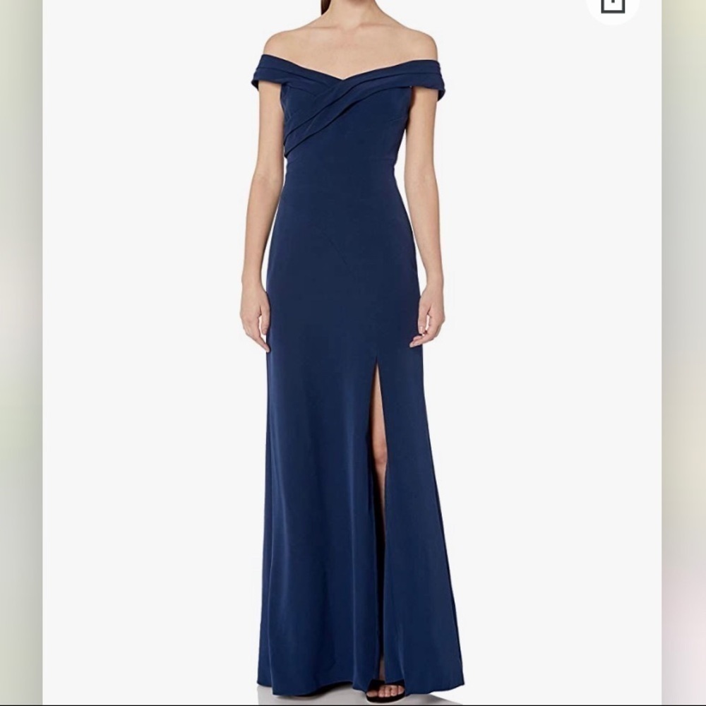AIDAN BY AIDAN MATTOX navy off the shoulder maxi formal dress